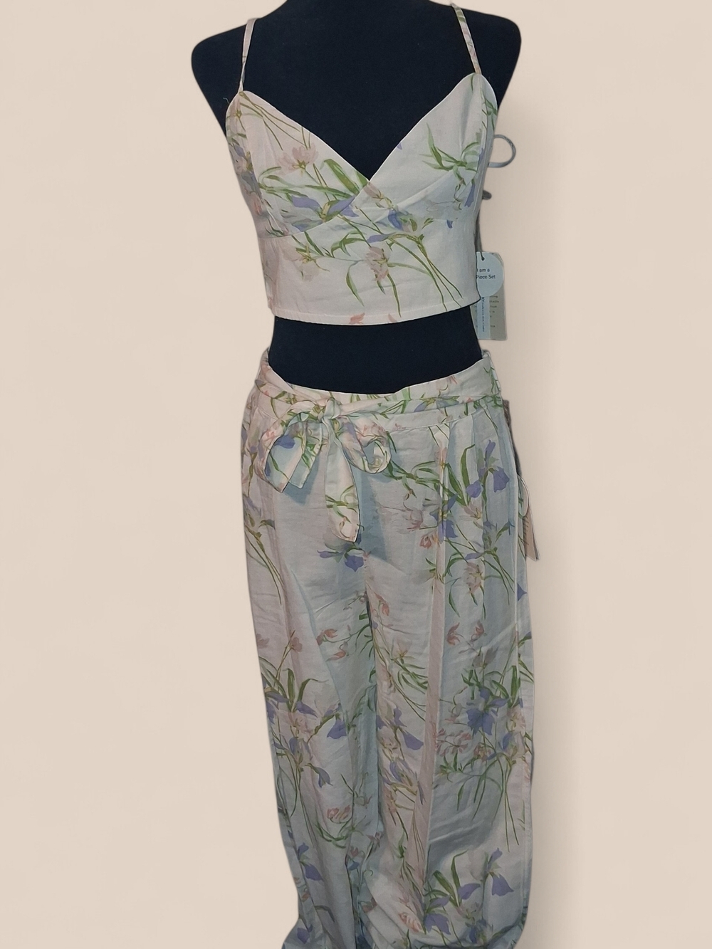 Floral Print Tie-Waist Wide Leg Pants - Light Blue